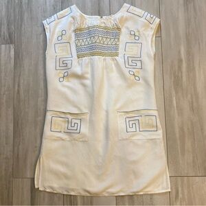 Tory Burch Cream Linen Blend Embroidered Mini Dress with Pockets, size small